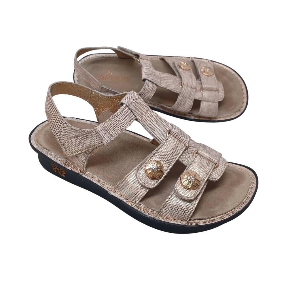 Alegria Kleo Champagne Metallic Snakeskin Leather Sandals Womens 38 KLE-293 Gold